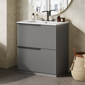 English Elm Christopher Knight Home® - 30" Fluted Gray Bathroom Vanity With Glossy Ceramic Sink & Soft-Close Drawers For Modern Spaces N817P288915G