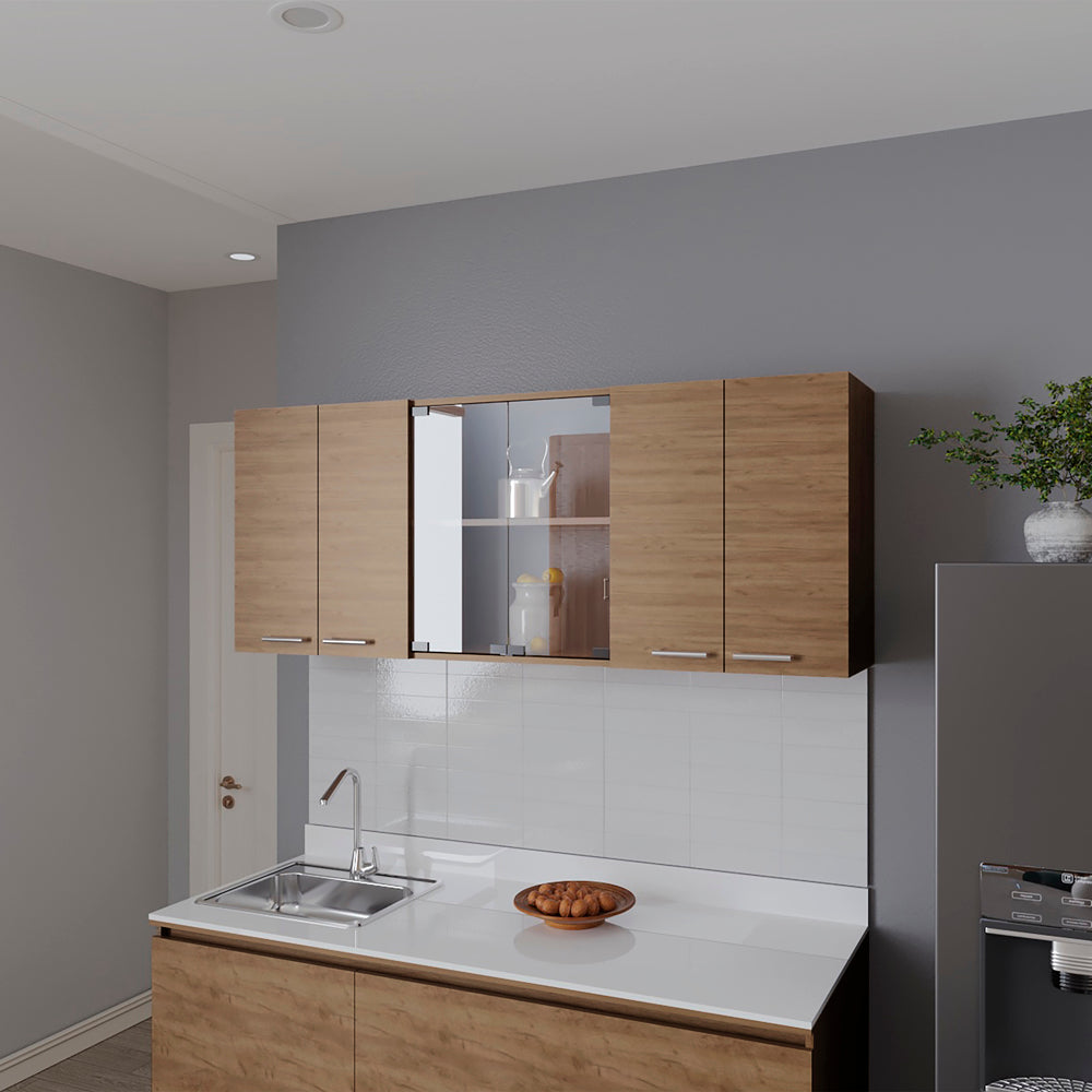 English Elm Superior Wall Cabinet Peoria Macadamia Beige – 6-Door Kitchen Storage with Glass Panels, Dish Rack, Durable Wood Handles B092P309166