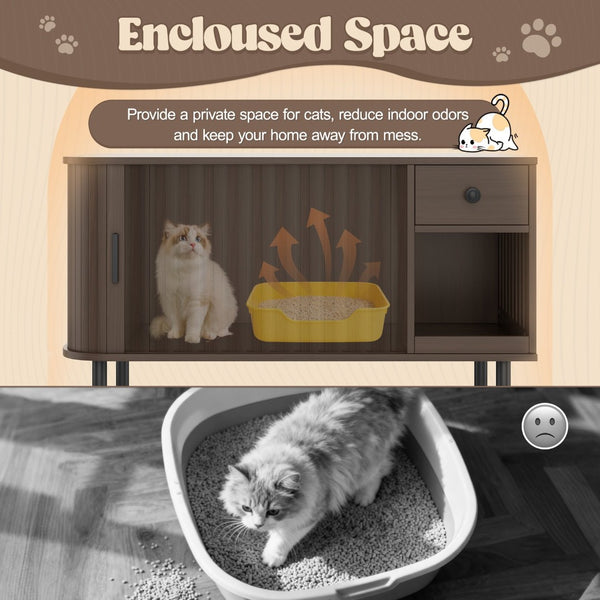 English Elm 37.4" Mdf Cat Litter Enclosure with Tambour Door Walnut Finish and Charging Station N704P380550D