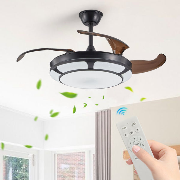 English Elm 42" Retractable Ceiling Fan with Light — Modern Black LED Chandelier, Remote, 6-Speed DC Motor, Timer W1340P184907
