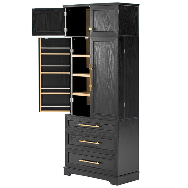 English Elm K&k Farmhouse Pantry Cabinet Tall Freestanding Kitchen Storage with Drawers Shelves Black N707P356569B