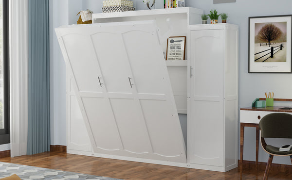 English Elm Full Full Size Murphy Bed with Two Wardrobes and Foldable Platform, Space-Saving Modern Guest Solution White 84.9 L x 12 W x 7 H N733S235596K