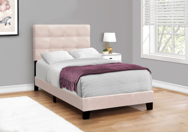 English Elm Bed, Twin Size Upholstered Velvet Platform Bed Frame with Tufted Headboard, Sturdy Slat Base Pink 45 L x 26 W x 4 H B2710P219514