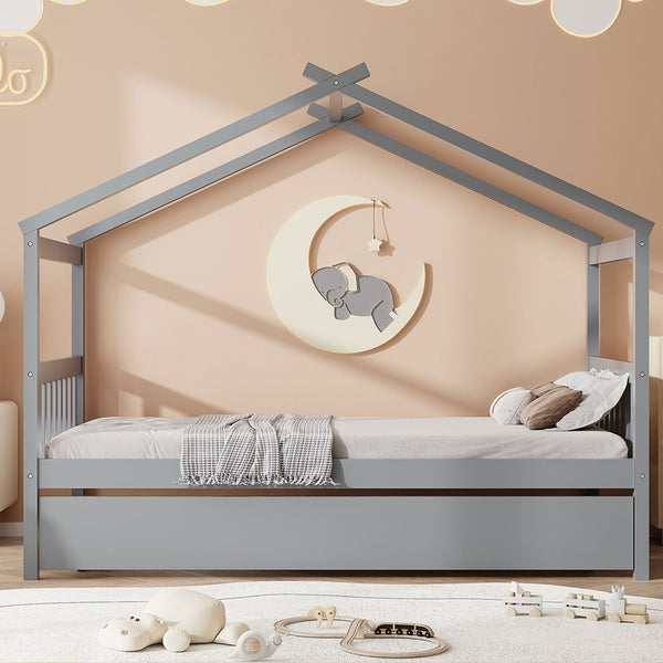 English Elm Twin House Bed Solid Pine Cottage Frame with Pull Out Trundle for Kids Bedroom Gray N708P309238E