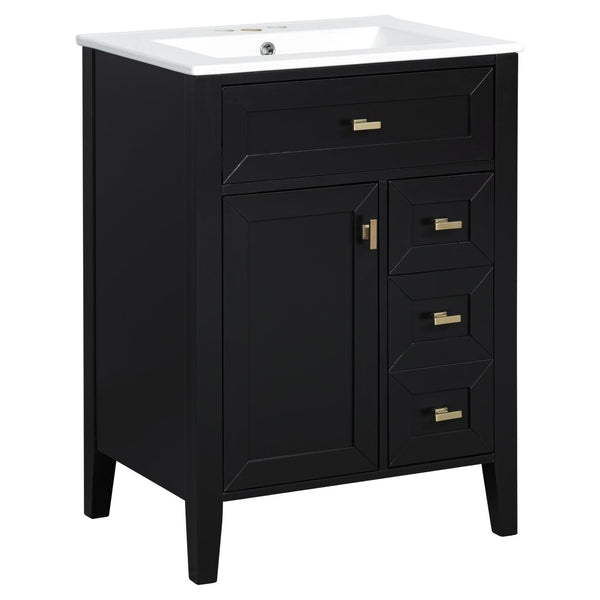 English Elm "24'' 24 Inch Glossy Freestanding Bathroom Vanity with Gold Hardware and Soft Close Storage Black Rubberwood N725P448529B