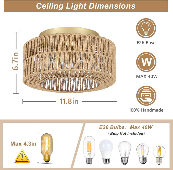 English Elm Boho 3-Light Rattan Ceiling Light Fixture - Modern Flush Mount Chandelier For Home & Nursery Décor W2738P185415