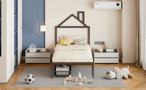 English Elm Twin Metal Platform Bed with House-Style Headboard, Sturdy Slatted Frame & Smooth Underbed Drawers for Kids and Teens (300 lb Capacity) Black MF320570AAB