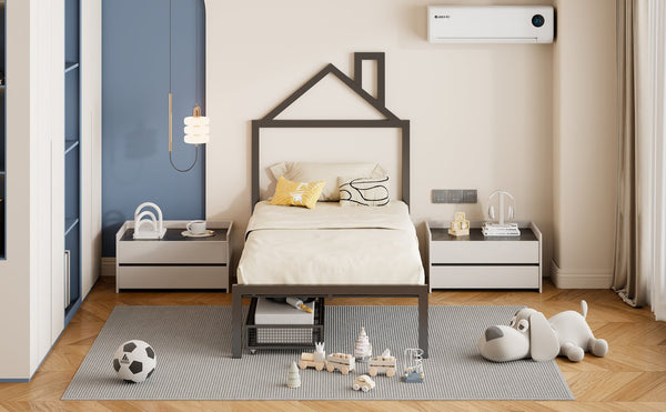 English Elm Twin Metal Platform Bed with House-Style Headboard, Sturdy Slatted Frame & Smooth Underbed Drawers for Kids and Teens (300 lb Capacity) Black MF320570AAB