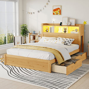 English Elm Twin Wood Storage Bed with Led Headboard Drawers and Pull Out Cabinet for Kids Natural W2593S00051