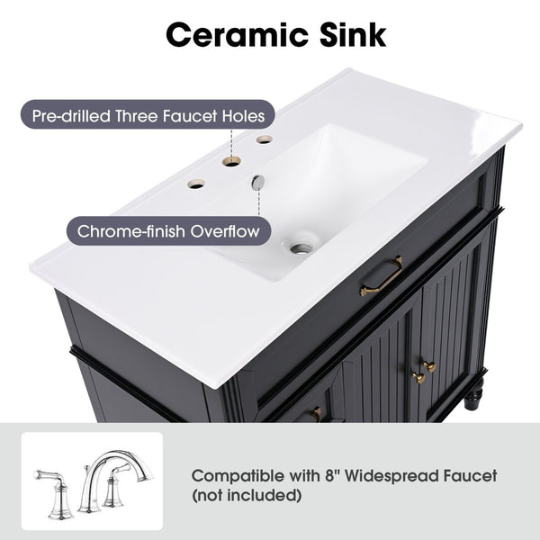 English Elm [video] 36 Inch Freestanding Bathroom Vanity Acacia Wood Legs Ceramic Sink Soft Close Black N759S340019B