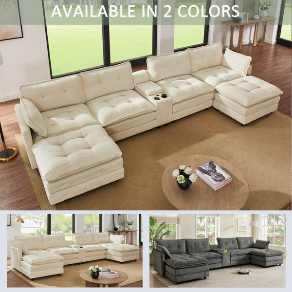 English Elm 154" Corduroy U-shaped Sectional with Ottomans Six Seat Modular Cloud Sofa Usb Console Beige W1998S00101