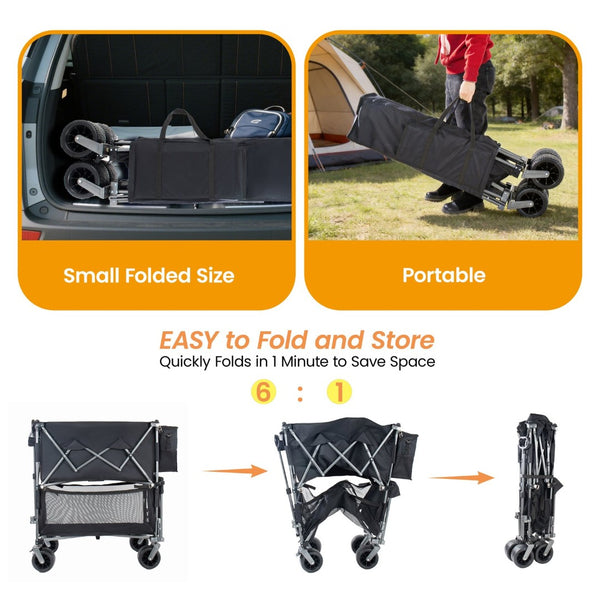 English Elm 55" Double Decker Collapsible Wagon 560lb Capacity Alloy Steel Frame All-terrain Wheels Black W2932P405185