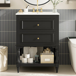 English Elm 24'' Retro Bathroom Vanity Mdf Cabinet with Ceramic Sink Open Shelf and 2 Drawers Black N710P405414B