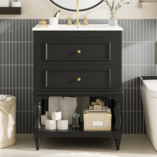 English Elm 24'' Retro Bathroom Vanity Mdf Cabinet with Ceramic Sink Open Shelf and 2 Drawers Black N710P405414B