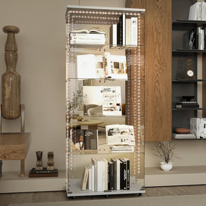 English Elm Tempered Glass Display Cabinet With Bluetooth Led Lights, Lockable Door, Mirrored Back - White Elegance W3155S00018-GIGA