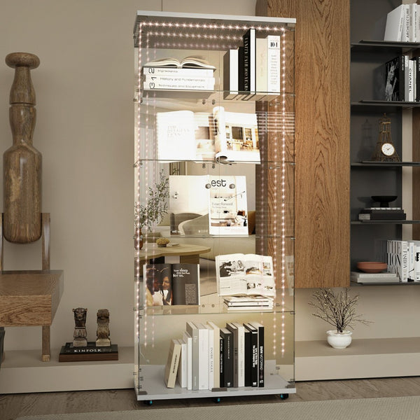 English Elm Tempered Glass Display Cabinet With Bluetooth Led Lights, Lockable Door, Mirrored Back - White Elegance W3155S00018-GIGA