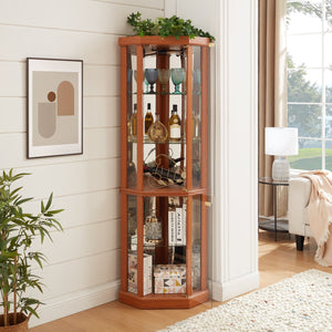 English Elm Lighted Corner Curio Cabinet - Stylish Dark Oak Display Case With Adjustable Shelves & Built-In Lighting W1758P300103