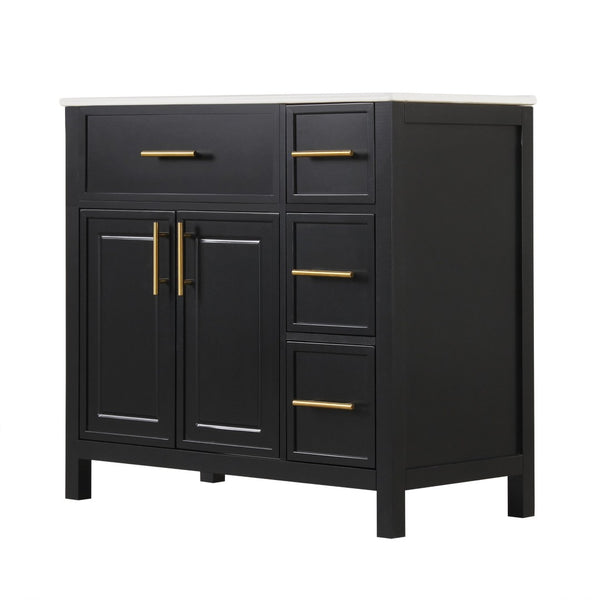 English Elm 36" Matte Freestanding Bathroom Vanity Solid Wood Cabinet Ceramic Sink Three Drawers Black N725P364205B