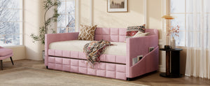 English Elm Modern Velvet Twin Daybed with Pull Out Trundle and Built in Armrest Storage Pockets Pink SF000200AAH