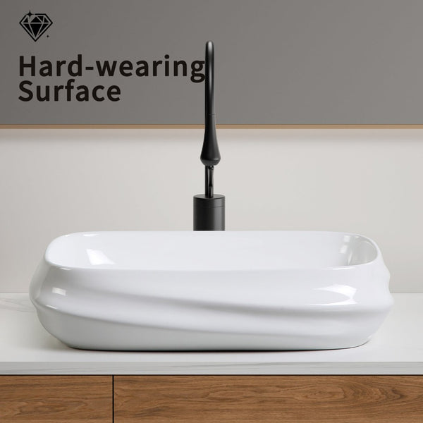 English Elm Modern Ribbed Ceramic Vessel Sink Gloss White Architectural Basin for Bathroom Vanity W3402P351186