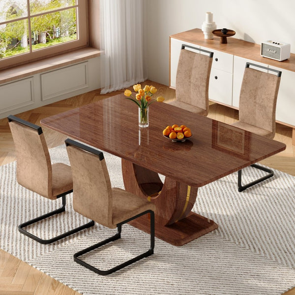 English Elm Black Wood Grain Mdf Dining Set Seats Four with Brown Fabric Upholstered Chairs W1151S04401