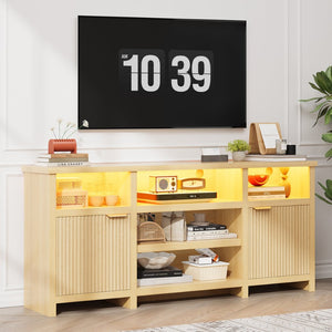 English Elm Highboy Media Console with Led Lighting Fluted Panels and Storage for Living Room T3773P416497