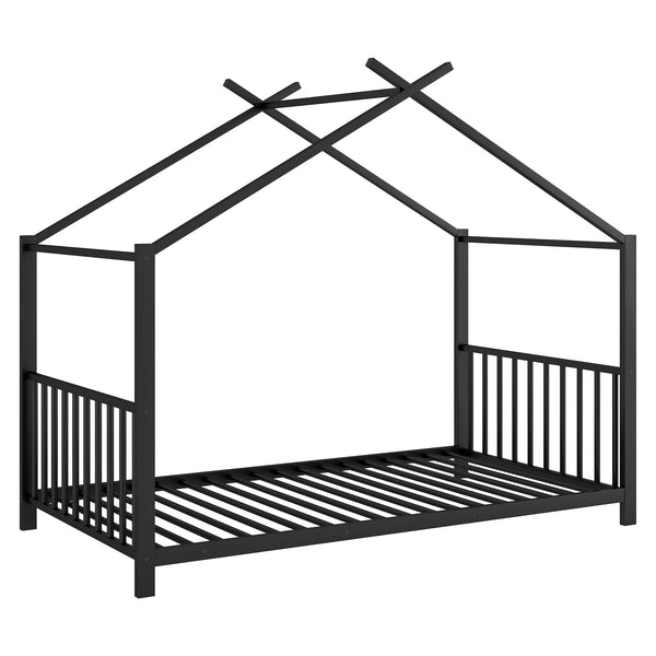 English Elm Twin Metal House Platform Bed with Slat Kit for Kids Sleepovers Sturdy Frame Elegant Silhouette 63.8"H Black MF322835AAB