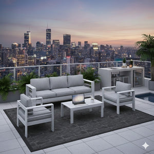 English Elm 4-piece Aluminum Outdoor Conversation Set with Rust-proof Matte Frame and Wpc Coffee Table Grey+White B082S00085