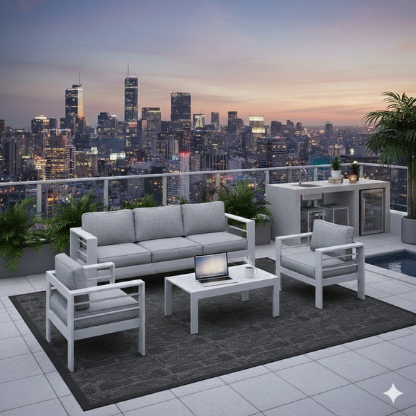 English Elm 4-piece Aluminum Outdoor Conversation Set with Rust-proof Matte Frame and Wpc Coffee Table Grey+White B082S00085