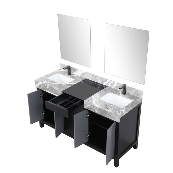 English Elm Black Double Bath Vanity 60" With Castle Grey Marble Top, Gun Metal Faucets & 28" Matching Mirrors B2731S01154