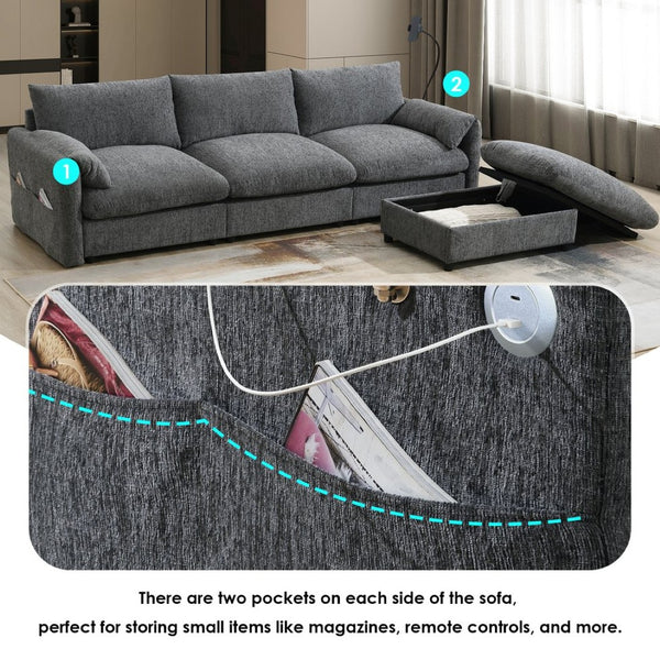 English Elm [video]96.5'' Chenille L-shaped Sectional with Usb Charging Ottoman Pockets Living Room N723S8776E