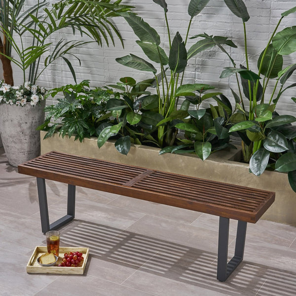 English Elm Joa Acacia Wood Outdoor Dining Bench with Iron Legs Seats Three Modern Patio 63351.00BDBRNMP1