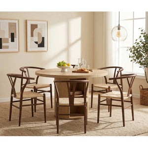 English Elm 6-piece Round Pedestal Dining Set with Woven Wishbone Chairs and Fluted Column Base Walnut,Wood W2920S00152