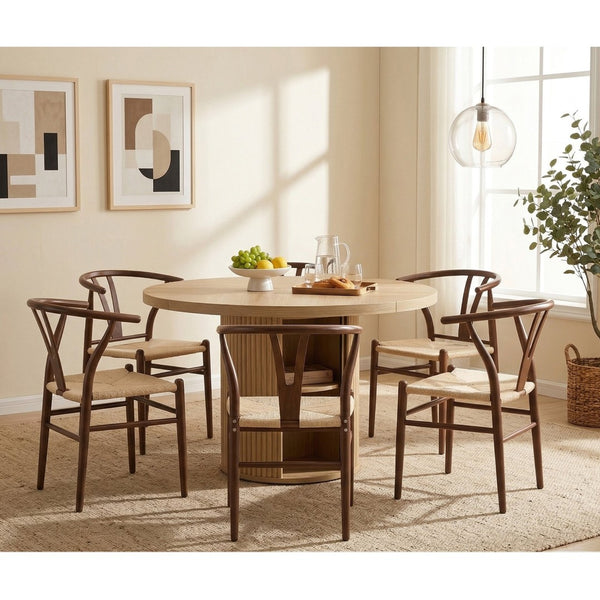 English Elm 6-piece Round Pedestal Dining Set with Woven Wishbone Chairs and Fluted Column Base Walnut,Wood W2920S00152