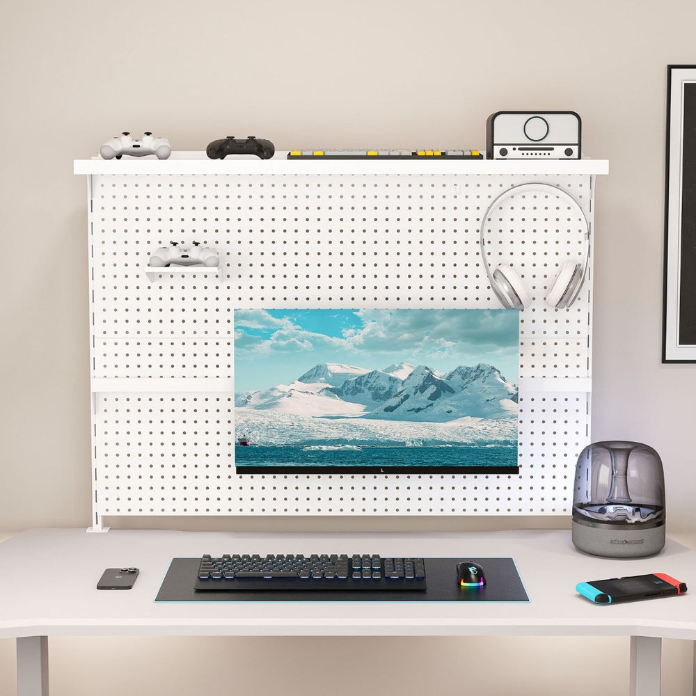 English Elm Clamp-on Steel Pegboard Desk Organizer with Monitor Arm Shelf and Movable Panel W2700P346783