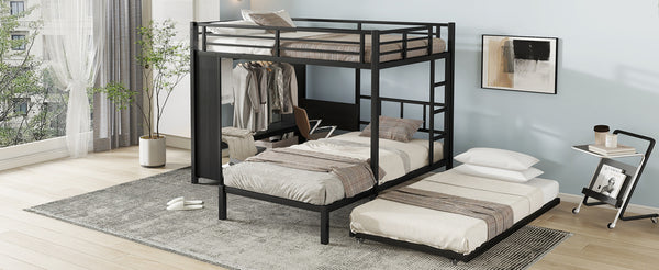 English Elm Full Over Twin Bunk Bed With Integrated Wardrobe, Trundle, Foldable Desk & Noise-Reduced Design In Black W1580S00136
