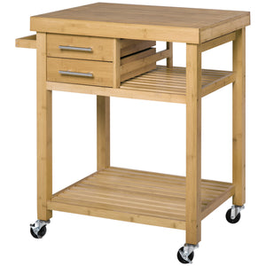 English Elm HOMCOM Bamboo Kitchen Island Cart with Locking Casters, 2 Drawers, Open Shelves & Side Towel Rack, Natural Finish W2225P217396