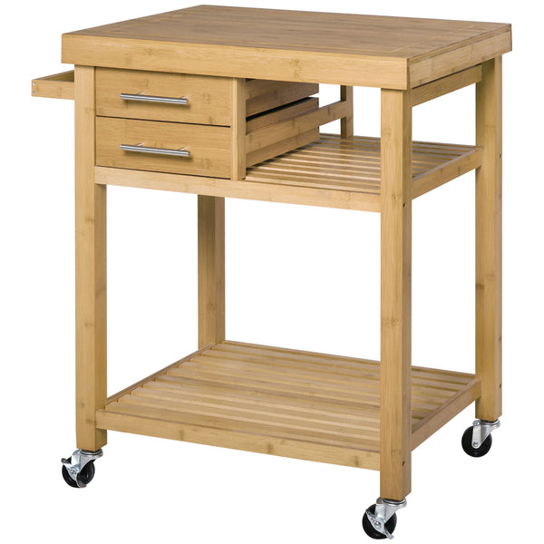 English Elm HOMCOM Bamboo Kitchen Island Cart with Locking Casters, 2 Drawers, Open Shelves & Side Towel Rack, Natural Finish W2225P217396