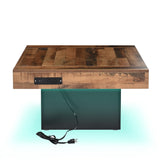 English Elm 31.4'' X 31.4'' Farmhouse Coffee Table With 2 Usb Ports and Outlets, Brown Spliced Wood Grain Center Table With Led Light, Rustic Cocktail Table With Charging Station For Living Room, Black