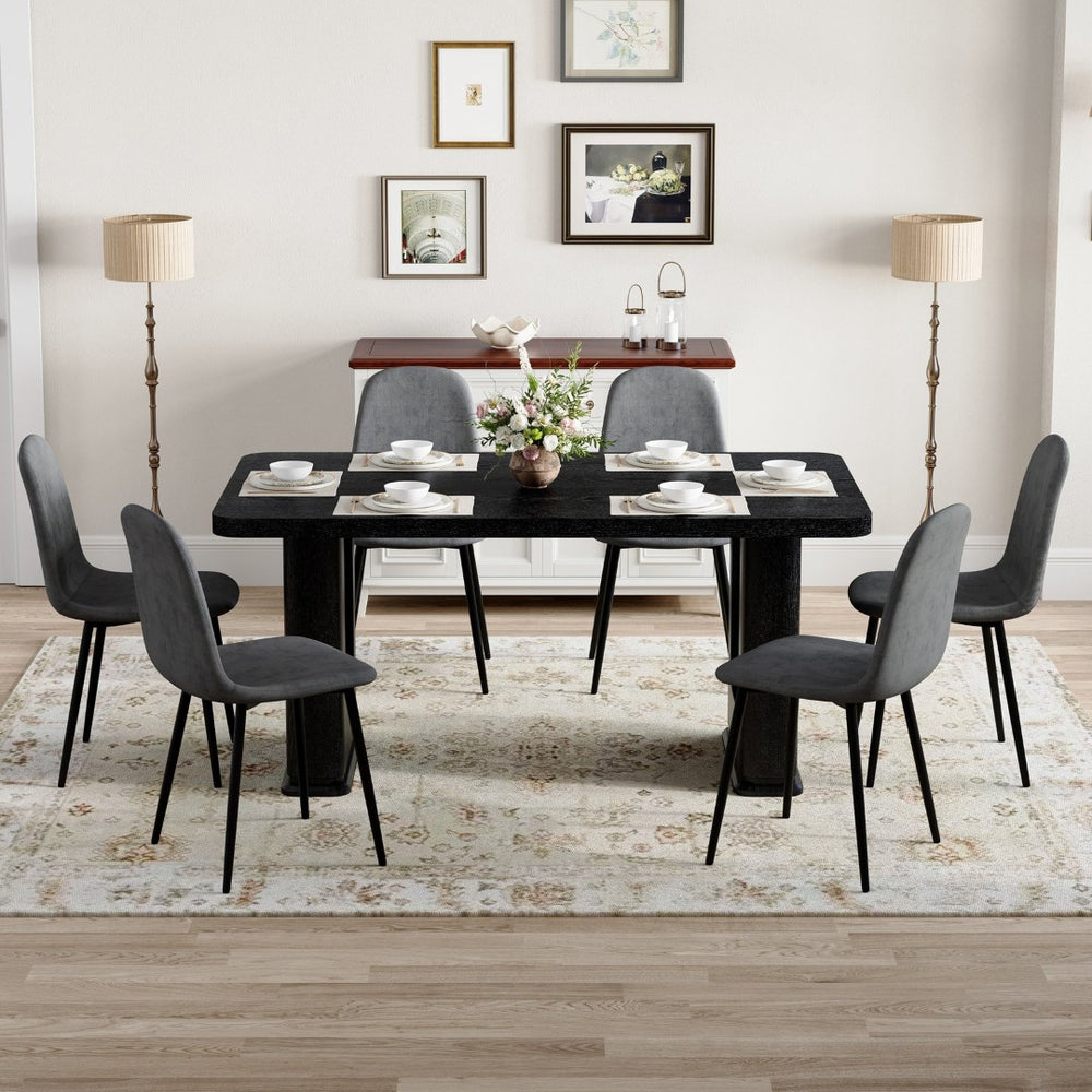 English Elm Table 7-Piece Dining Set: Stylish Black Wood Texture Table With 6 Dark Gray Linen-Cotton Chairs W1151S04319-GIGA