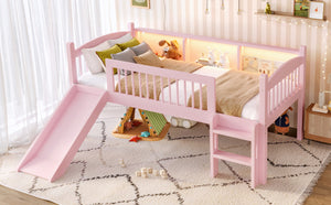 English Elm Twin Low Loft Bed Solid Pine Frame with Built-in Led Lighting and Storage Shelves Pink W1580P395929