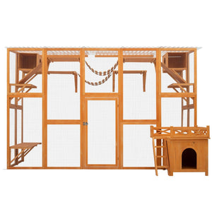 English Elm Weatherproof Pine Wood Catio Outdoor Cat Enclosure with Platforms Ramps and Pvc Roof N843MP003N