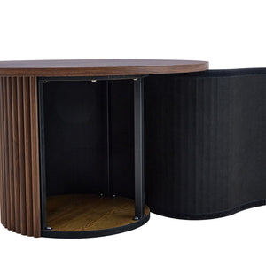 English Elm A modern circular coffee table Walnut 27.5" MDF top with cylindrical Roman legs, hidden storage, vintage flair W1151P270614
