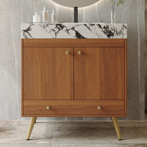 English Elm Mid-century Freestanding Bathroom Vanity Faux Marble Ceramic Sink Gold Legs Storage W3136S00067