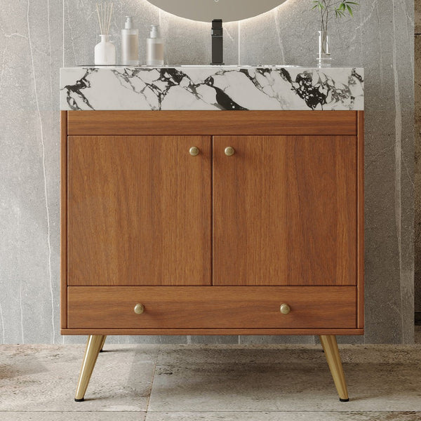 English Elm Mid-century Freestanding Bathroom Vanity Faux Marble Ceramic Sink Gold Legs Storage W3136S00067