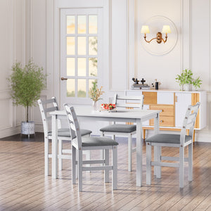 English Elm 5 Piece s Stylish Dining Table Set 4 Upholstered Chairs With Ladder Back Design For Dining Room Kitchen Gray Cushion White