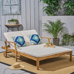 English Elm Christopher Knight Home® - Perla Double Chaise Lounge - Elegant Cream Acacia Wood For Poolside Relaxation & Adjustable Comfort 63357.00CRM