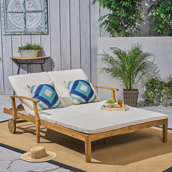 English Elm Christopher Knight Home® - Perla Double Chaise Lounge - Elegant Cream Acacia Wood For Poolside Relaxation & Adjustable Comfort 63357.00CRM