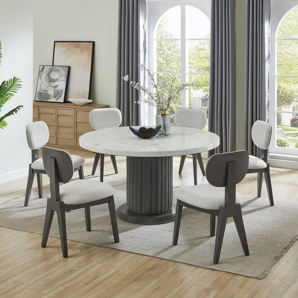 English Elm Venezia Seven Piece Round Faux Marble Dining Set with Sculptural Pedestal and Fabric Chairs B2749S00330