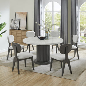 English Elm Venezia Seven Piece Round Faux Marble Dining Set with Sculptural Pedestal and Fabric Chairs B2749S00330